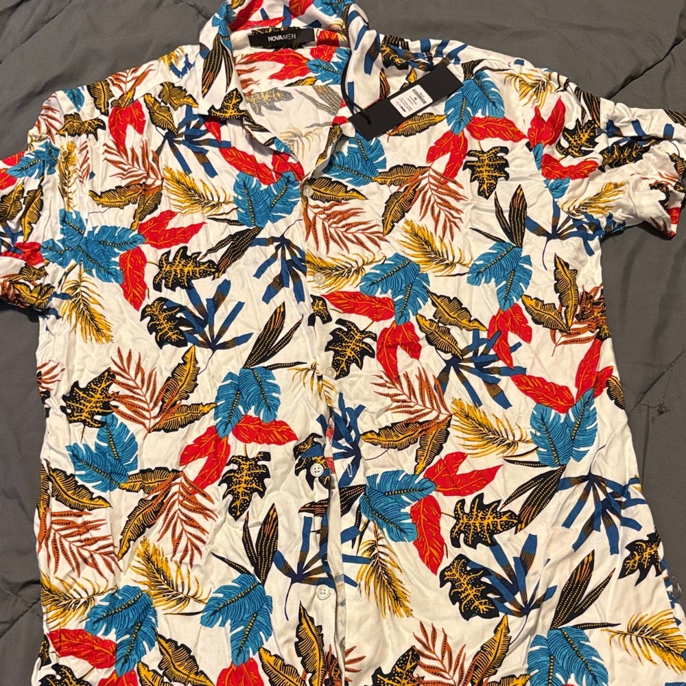 Fashion Nova Men's Leaf Print Shirt - Red, Blue, Yellow, Black on White